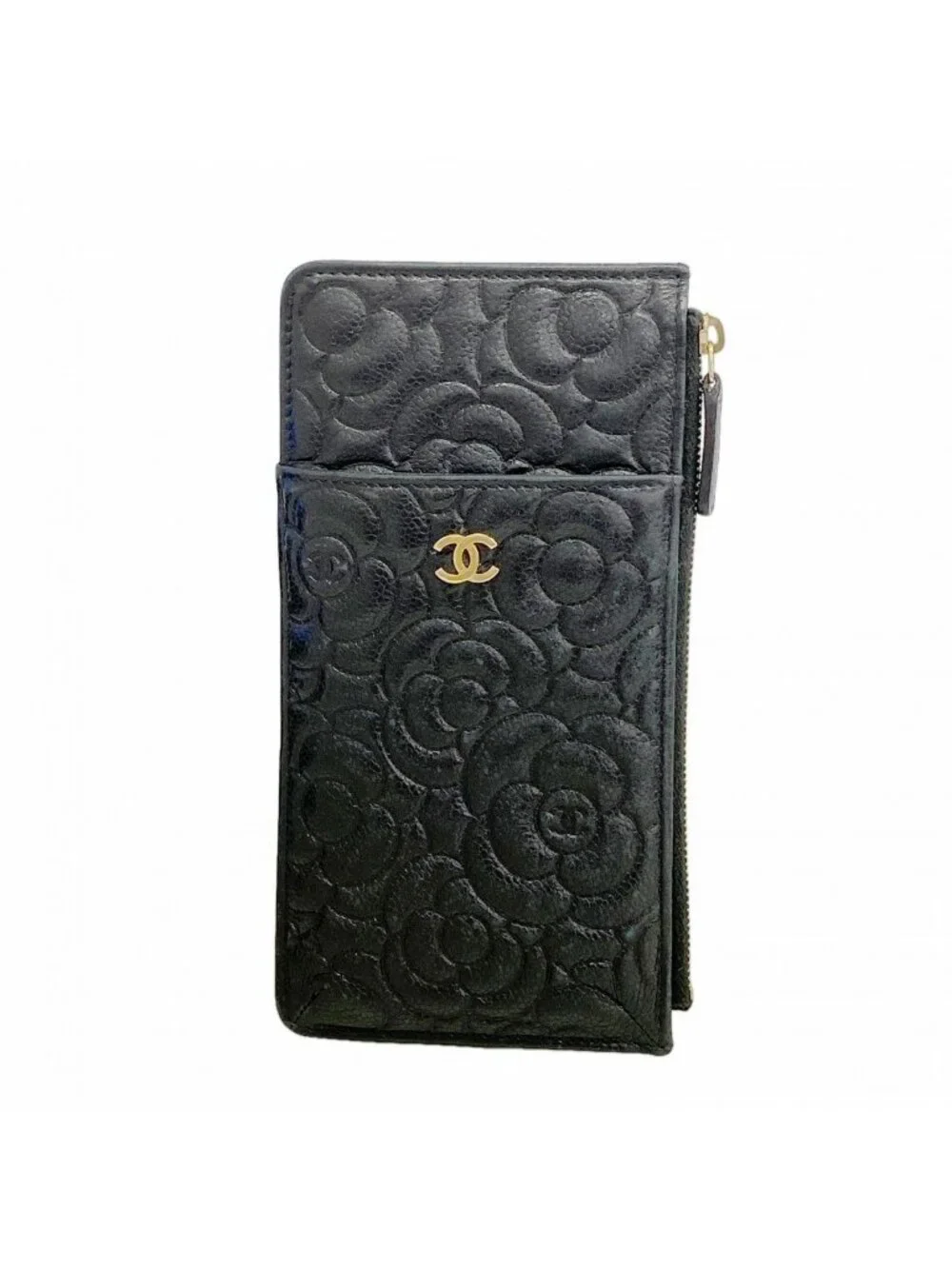 Chanel Wallet Camellia Caviar Leather Black Champagne Gold
